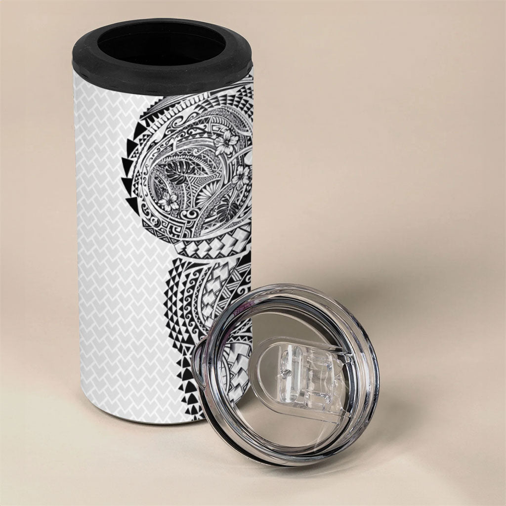 Hawaiian Traditional Tattoos 4 in 1 Can Cooler Tumbler Kakau Tribal Tropical Plant Motif White Color