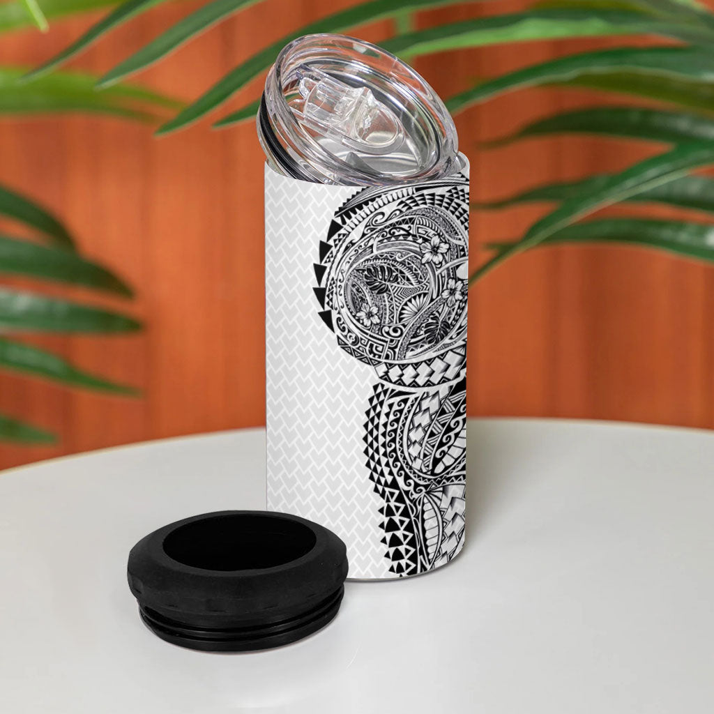 Hawaiian Traditional Tattoos 4 in 1 Can Cooler Tumbler Kakau Tribal Tropical Plant Motif White Color