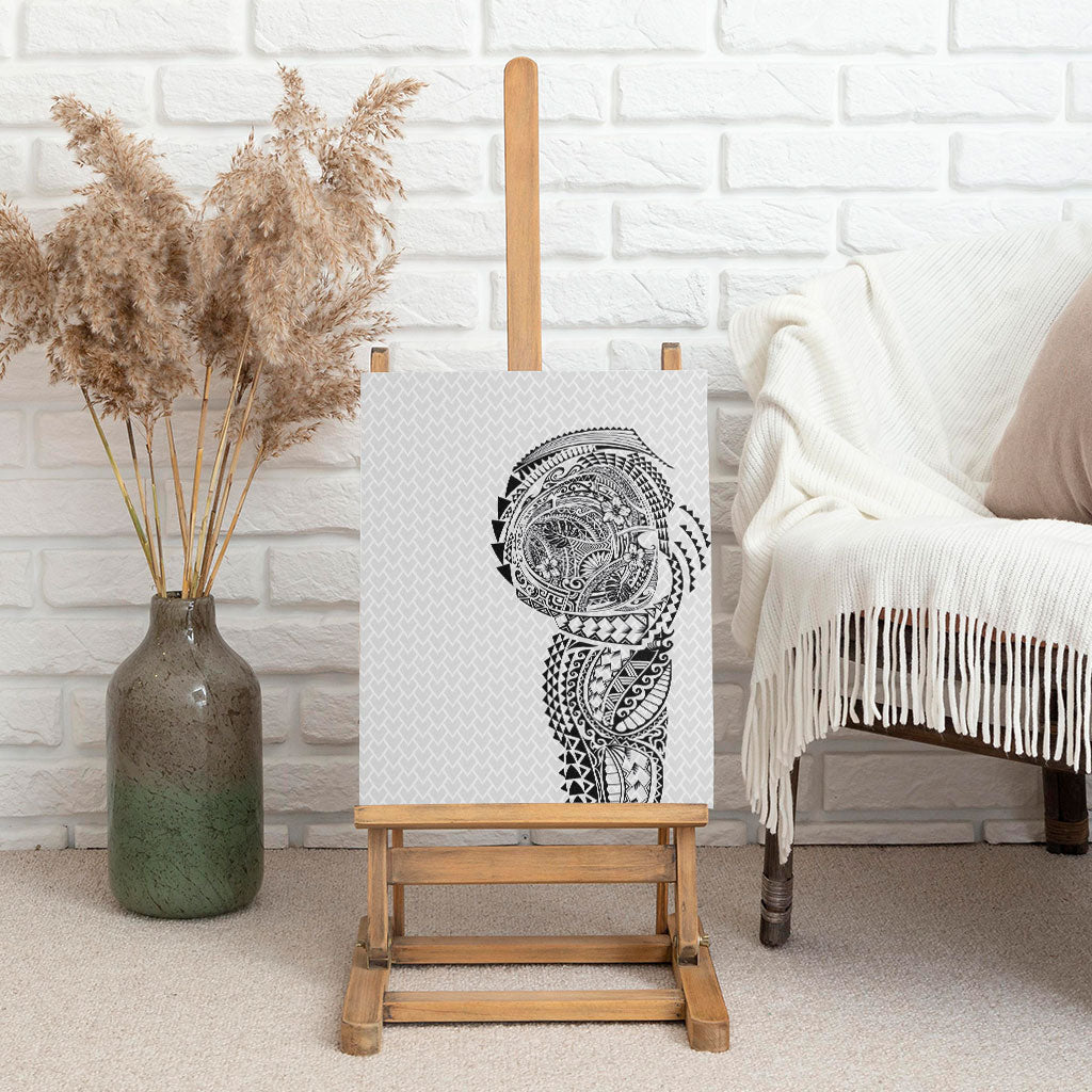 Hawaiian Traditional Tattoos Canvas Wall Art Kakau Tribal Tropical Plant Motif White Color