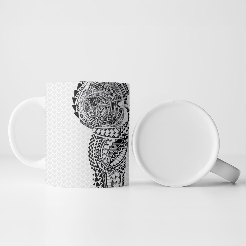 Hawaiian Traditional Tattoos Ceramic Mug Kakau Tribal Tropical Plant Motif White Color
