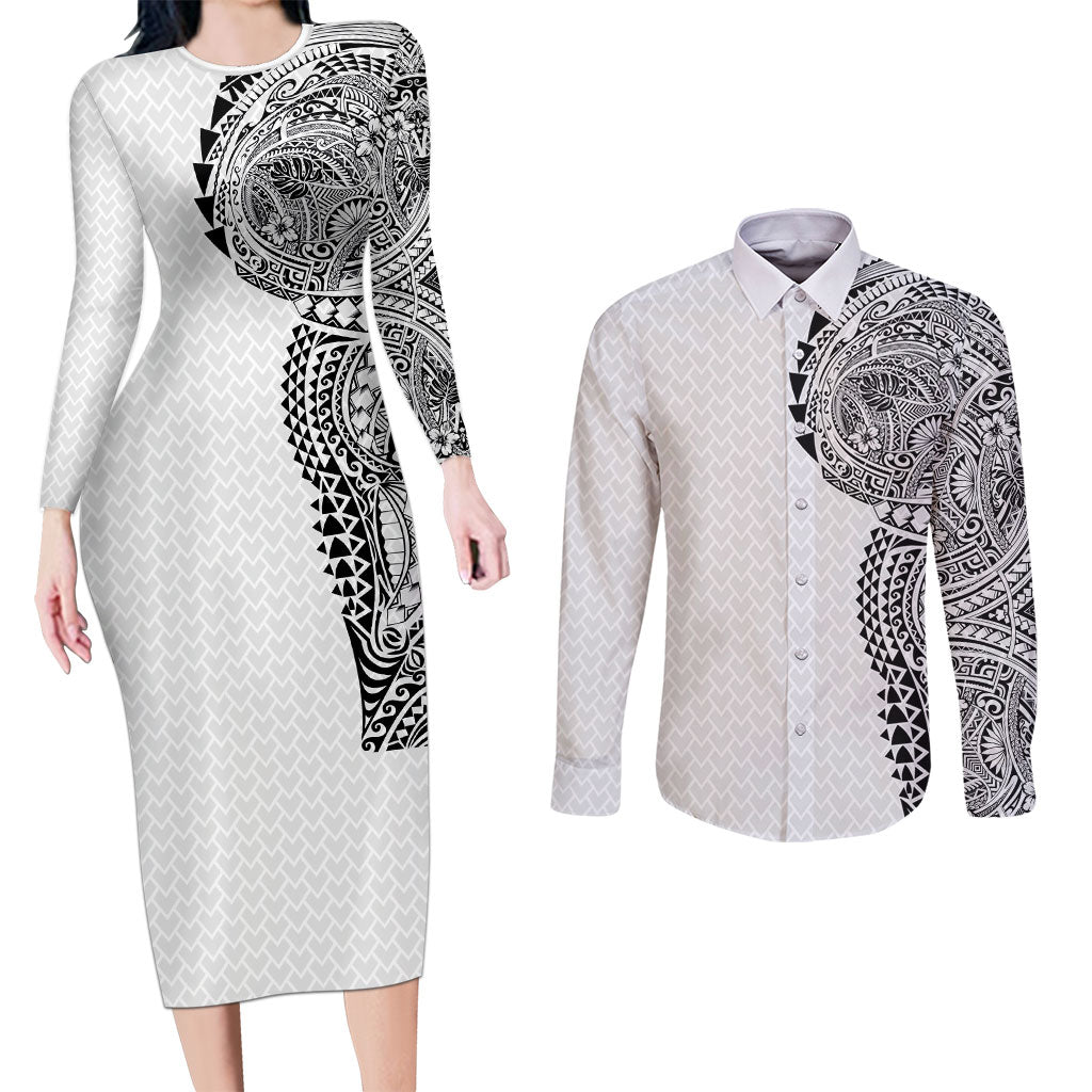 Hawaiian Traditional Tattoos Couples Matching Long Sleeve Bodycon Dress and Long Sleeve Button Shirt Kakau Tribal Tropical Plant Motif White Color