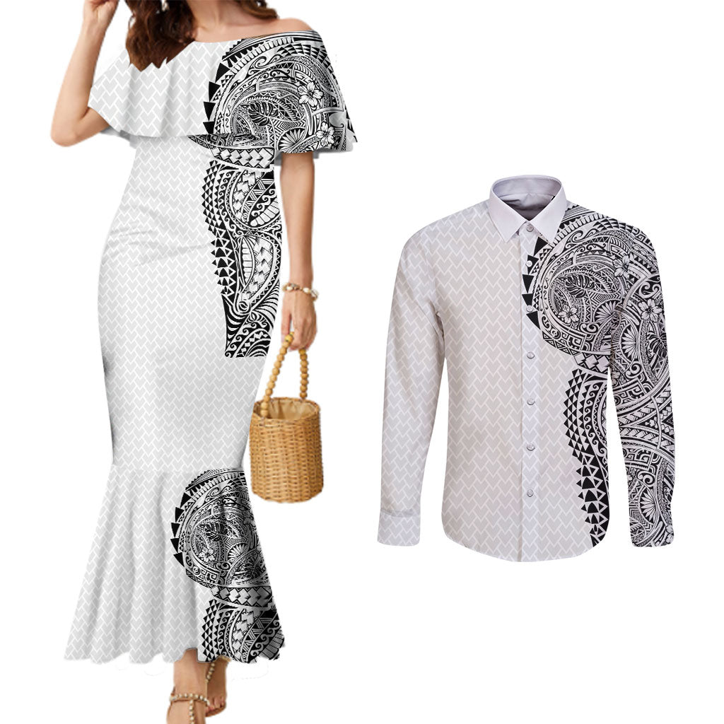 Hawaiian Traditional Tattoos Couples Matching Mermaid Dress and Long Sleeve Button Shirt Kakau Tribal Tropical Plant Motif White Color LT03 White - Polynesian Pride
