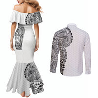 Hawaiian Traditional Tattoos Couples Matching Mermaid Dress and Long Sleeve Button Shirt Kakau Tribal Tropical Plant Motif White Color LT03 - Polynesian Pride