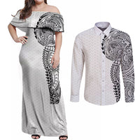 Hawaiian Traditional Tattoos Couples Matching Off Shoulder Maxi Dress and Long Sleeve Button Shirt Kakau Tribal Tropical Plant Motif White Color