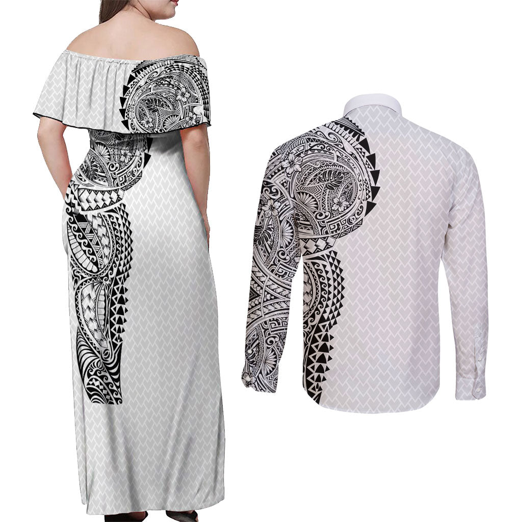 Hawaiian Traditional Tattoos Couples Matching Off Shoulder Maxi Dress and Long Sleeve Button Shirt Kakau Tribal Tropical Plant Motif White Color