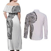 Hawaiian Traditional Tattoos Couples Matching Off Shoulder Maxi Dress and Long Sleeve Button Shirt Kakau Tribal Tropical Plant Motif White Color