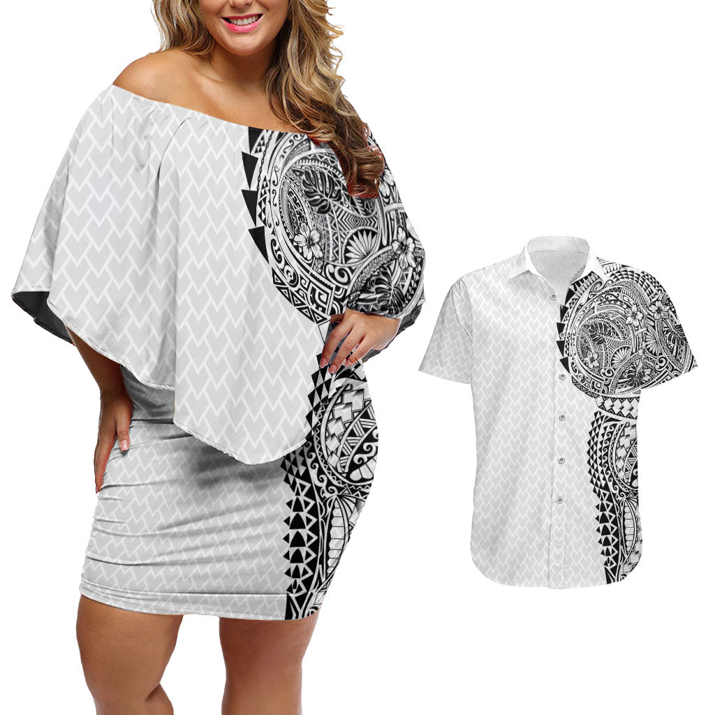 Hawaiian Traditional Tattoos Couples Matching Off Shoulder Short Dress and Hawaiian Shirt Kakau Tribal Tropical Plant Motif White Color