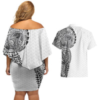 Hawaiian Traditional Tattoos Couples Matching Off Shoulder Short Dress and Hawaiian Shirt Kakau Tribal Tropical Plant Motif White Color