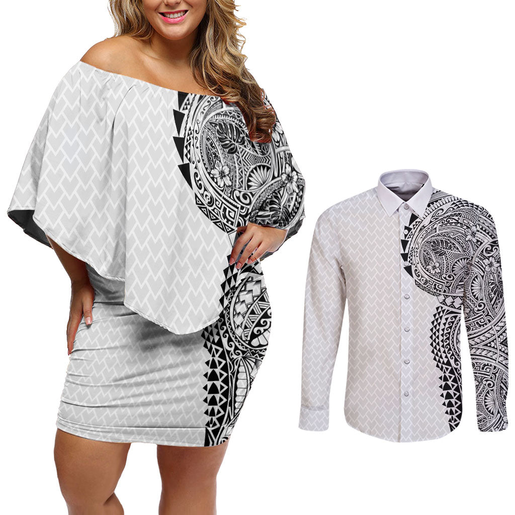 Hawaiian Traditional Tattoos Couples Matching Off Shoulder Short Dress and Long Sleeve Button Shirt Kakau Tribal Tropical Plant Motif White Color