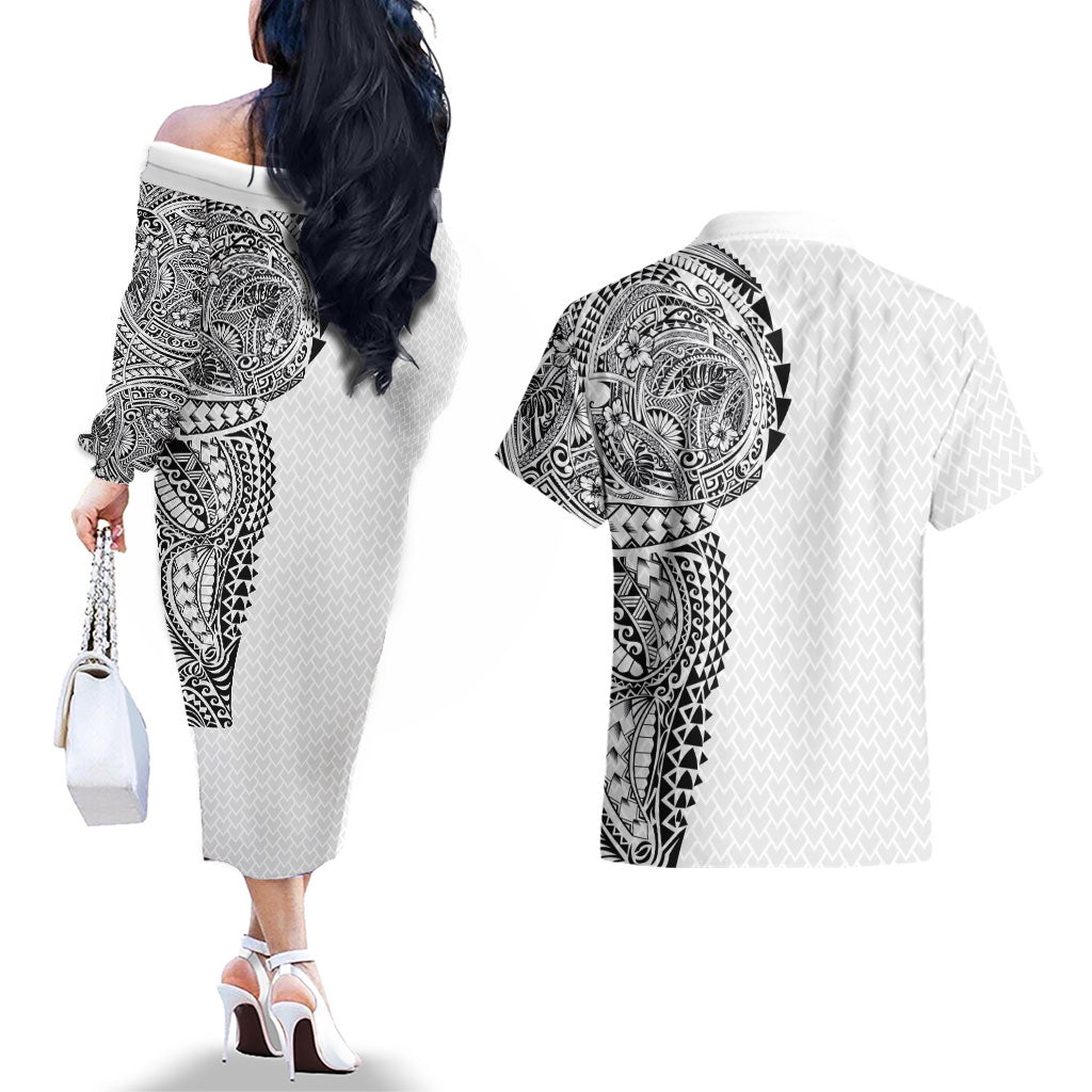 Hawaiian Traditional Tattoos Couples Matching Off The Shoulder Long Sleeve Dress and Hawaiian Shirt Kakau Tribal Tropical Plant Motif White Color