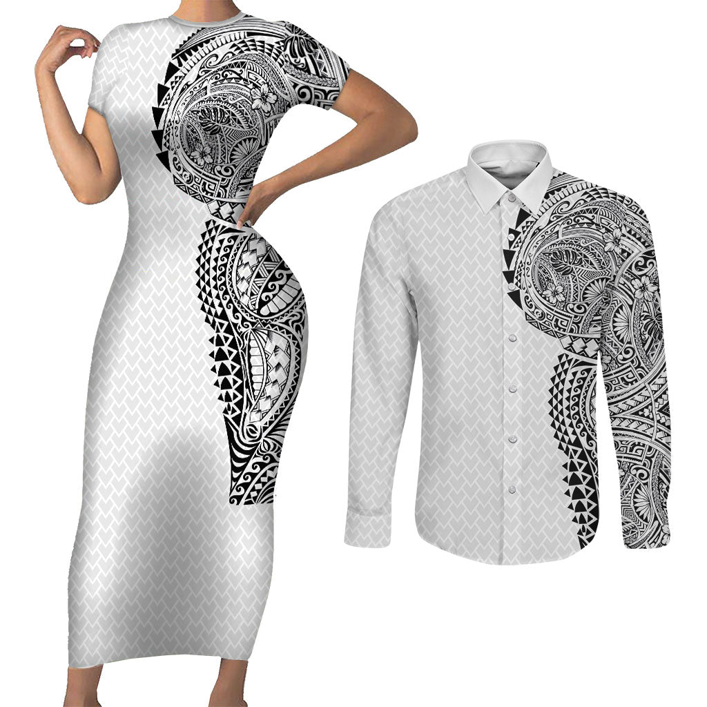 Hawaiian Traditional Tattoos Couples Matching Short Sleeve Bodycon Dress and Long Sleeve Button Shirt Kakau Tribal Tropical Plant Motif White Color