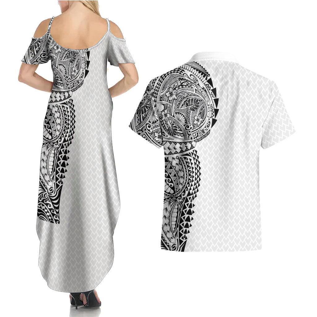Hawaiian Traditional Tattoos Couples Matching Summer Maxi Dress and Hawaiian Shirt Kakau Tribal Tropical Plant Motif White Color