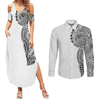 Hawaiian Traditional Tattoos Couples Matching Summer Maxi Dress and Long Sleeve Button Shirt Kakau Tribal Tropical Plant Motif White Color