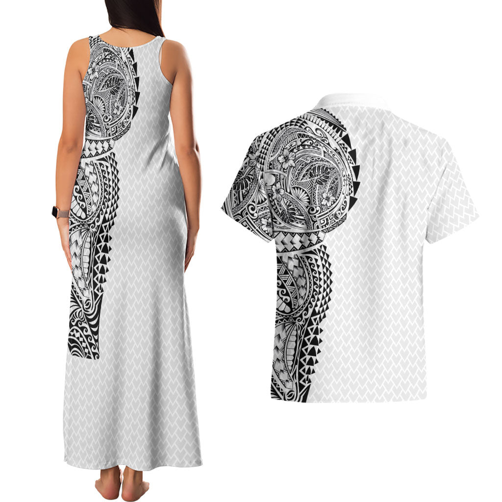 Hawaiian Traditional Tattoos Couples Matching Tank Maxi Dress and Hawaiian Shirt Kakau Tribal Tropical Plant Motif White Color
