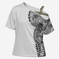 Hawaiian Traditional Tattoos Cross Shoulder Shirt Kakau Tribal Tropical Plant Motif White Color