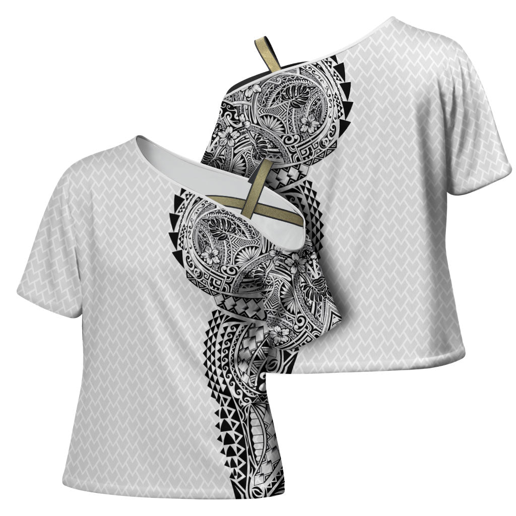 Hawaiian Traditional Tattoos Cross Shoulder Shirt Kakau Tribal Tropical Plant Motif White Color