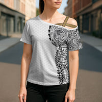 Hawaiian Traditional Tattoos Cross Shoulder Shirt Kakau Tribal Tropical Plant Motif White Color