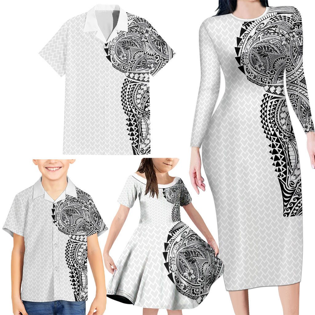 Hawaiian Traditional Tattoos Family Matching Long Sleeve Bodycon Dress and Hawaiian Shirt Kakau Tribal Tropical Plant Motif White Color LT03 - Polynesian Pride