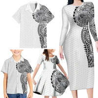 Hawaiian Traditional Tattoos Family Matching Long Sleeve Bodycon Dress and Hawaiian Shirt Kakau Tribal Tropical Plant Motif White Color LT03 - Polynesian Pride