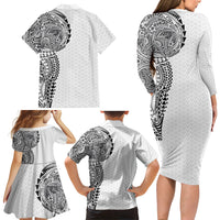 Hawaiian Traditional Tattoos Family Matching Long Sleeve Bodycon Dress and Hawaiian Shirt Kakau Tribal Tropical Plant Motif White Color LT03 - Polynesian Pride