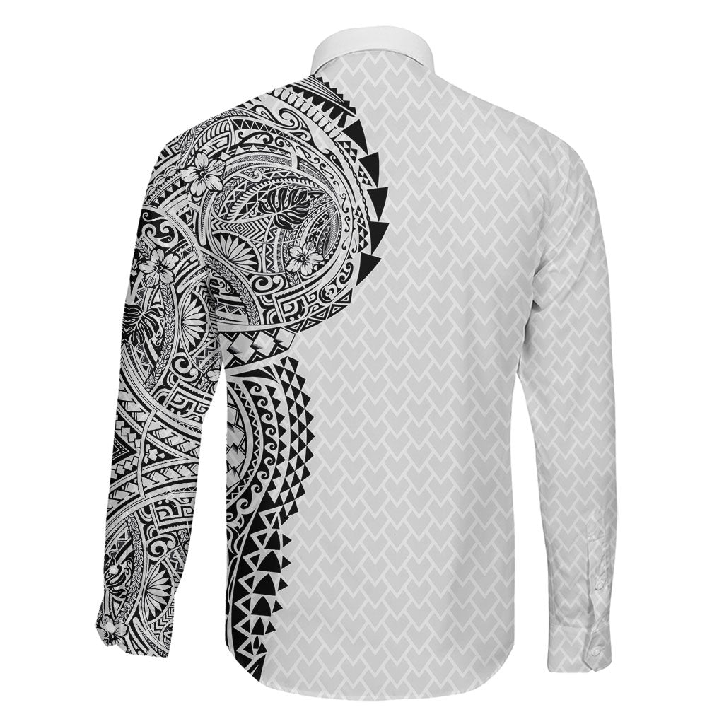 Hawaiian Traditional Tattoos Family Matching Long Sleeve Bodycon Dress and Hawaiian Shirt Kakau Tribal Tropical Plant Motif White Color LT03 - Polynesian Pride