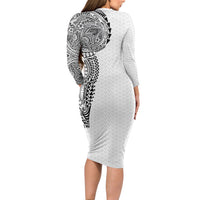 Hawaiian Traditional Tattoos Family Matching Long Sleeve Bodycon Dress and Hawaiian Shirt Kakau Tribal Tropical Plant Motif White Color LT03 - Polynesian Pride