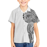 Hawaiian Traditional Tattoos Family Matching Long Sleeve Bodycon Dress and Hawaiian Shirt Kakau Tribal Tropical Plant Motif White Color LT03 Son's Shirt White - Polynesian Pride