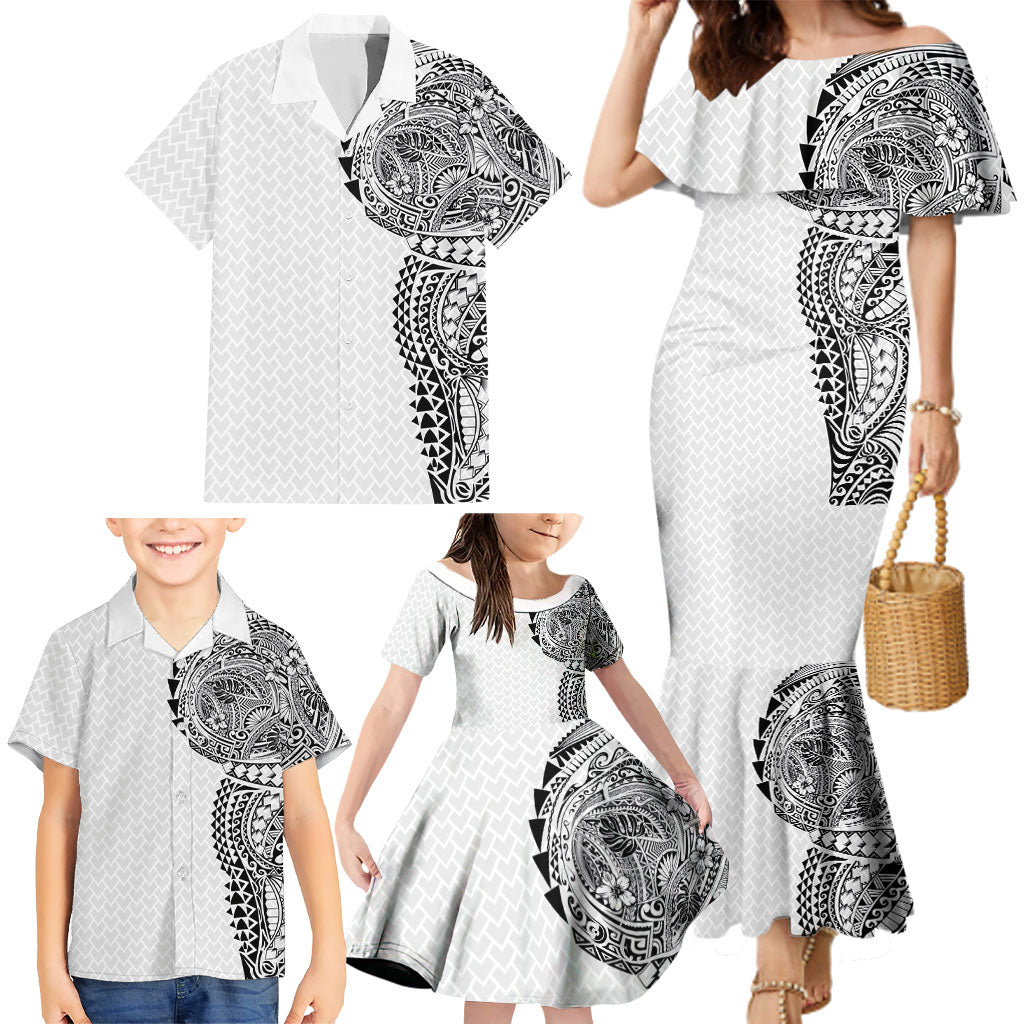 Hawaiian Traditional Tattoos Family Matching Mermaid Dress and Hawaiian Shirt Kakau Tribal Tropical Plant Motif White Color LT03 - Polynesian Pride