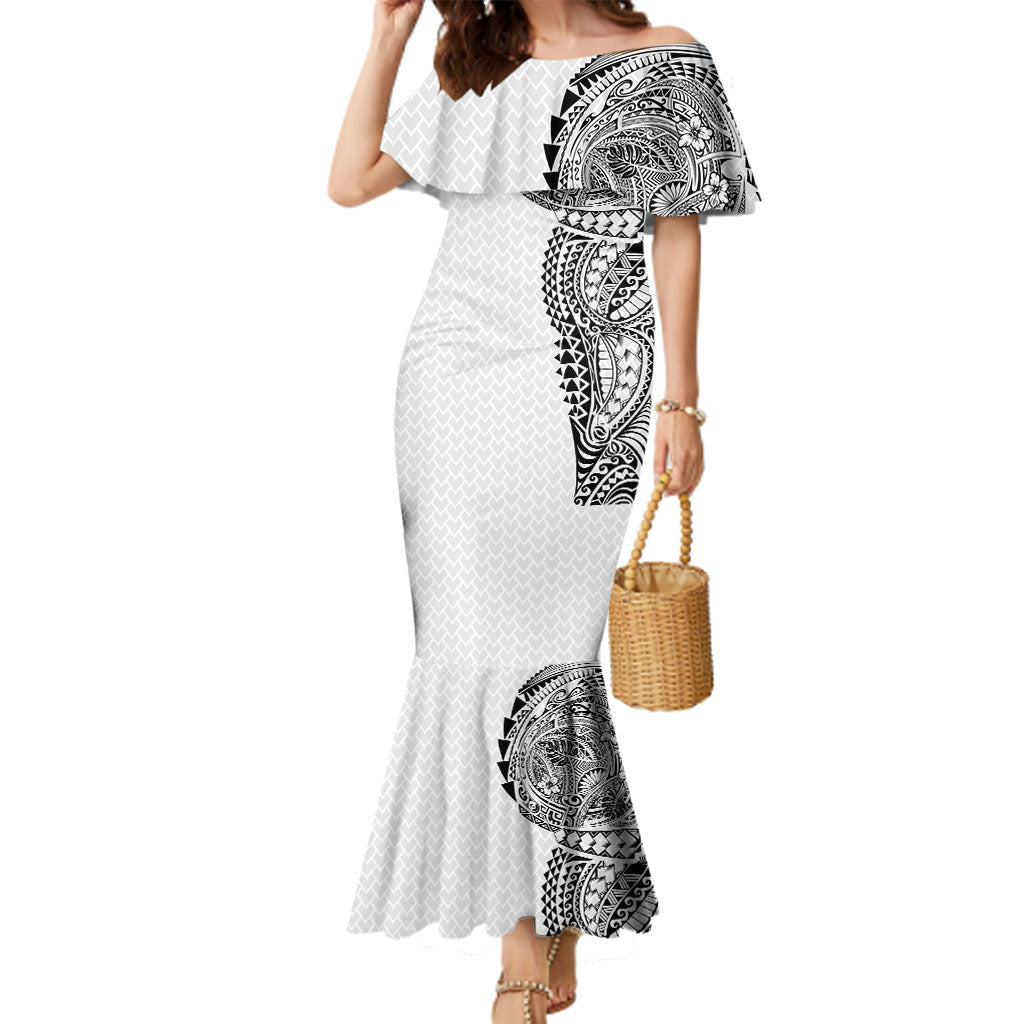 Hawaiian Traditional Tattoos Family Matching Mermaid Dress and Hawaiian Shirt Kakau Tribal Tropical Plant Motif White Color LT03 Mom's Dress White - Polynesian Pride