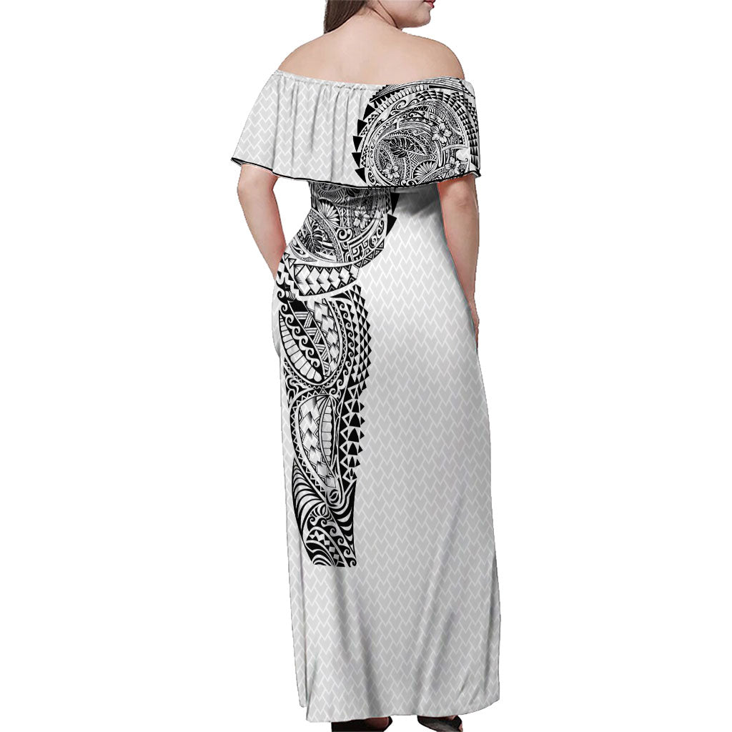 Hawaiian Traditional Tattoos Family Matching Off Shoulder Maxi Dress and Hawaiian Shirt Kakau Tribal Tropical Plant Motif White Color