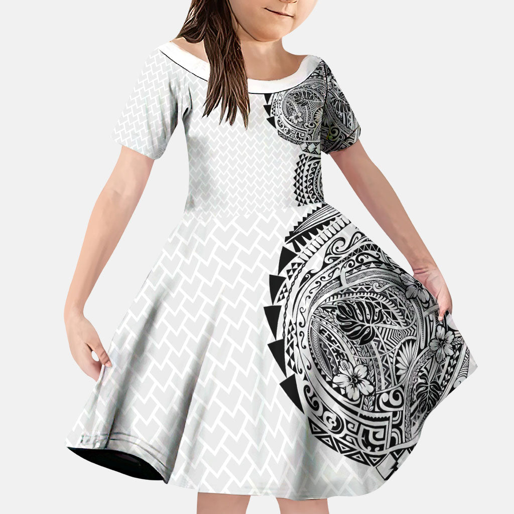 Hawaiian Traditional Tattoos Family Matching Off Shoulder Short Dress and Hawaiian Shirt Kakau Tribal Tropical Plant Motif White Color LT03 Daughter's Dress White - Polynesian Pride