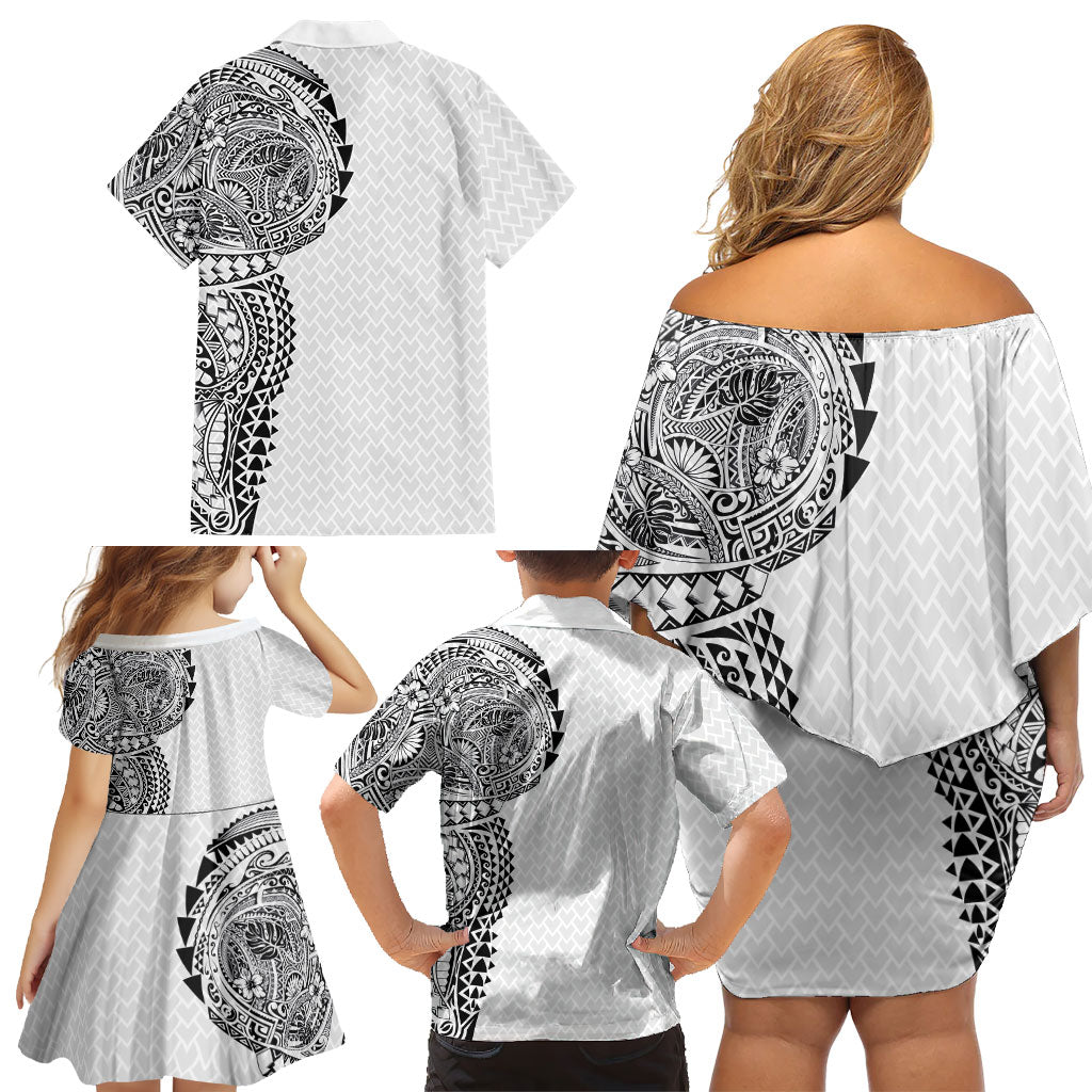 Hawaiian Traditional Tattoos Family Matching Off Shoulder Short Dress and Hawaiian Shirt Kakau Tribal Tropical Plant Motif White Color LT03 - Polynesian Pride