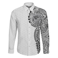 Hawaiian Traditional Tattoos Family Matching Off Shoulder Short Dress and Hawaiian Shirt Kakau Tribal Tropical Plant Motif White Color LT03 Dad's Shirt - Long Sleeve White - Polynesian Pride