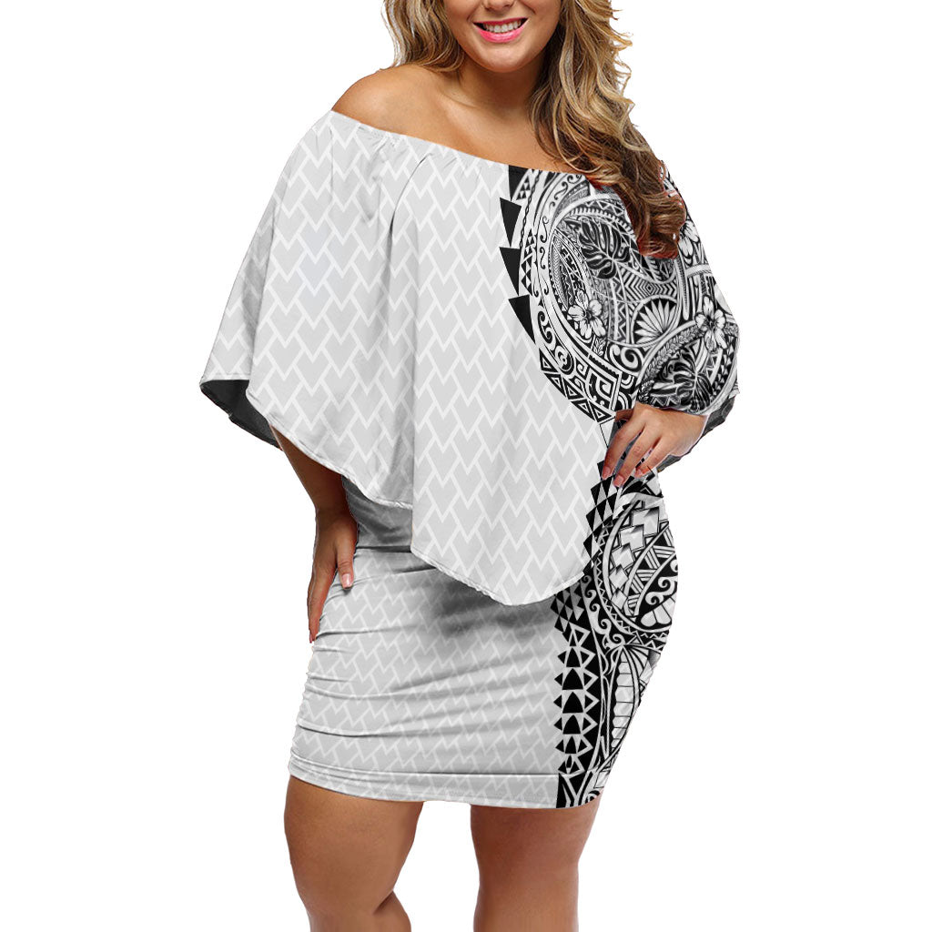 Hawaiian Traditional Tattoos Family Matching Off Shoulder Short Dress and Hawaiian Shirt Kakau Tribal Tropical Plant Motif White Color LT03 Mom's Dress White - Polynesian Pride