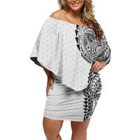 Hawaiian Traditional Tattoos Family Matching Off Shoulder Short Dress and Hawaiian Shirt Kakau Tribal Tropical Plant Motif White Color LT03 Mom's Dress White - Polynesian Pride