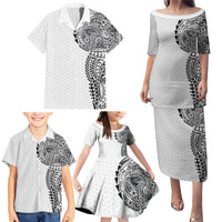 Hawaiian Traditional Tattoos Family Matching Puletasi and Hawaiian Shirt Kakau Tribal Tropical Plant Motif White Color