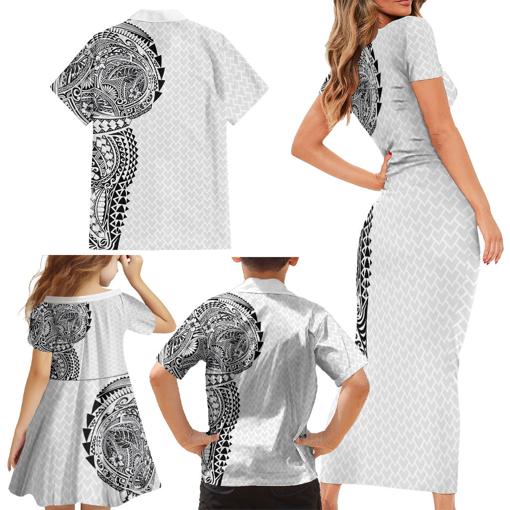 Hawaiian Traditional Tattoos Family Matching Short Sleeve Bodycon Dress and Hawaiian Shirt Kakau Tribal Tropical Plant Motif White Color LT03 - Polynesian Pride