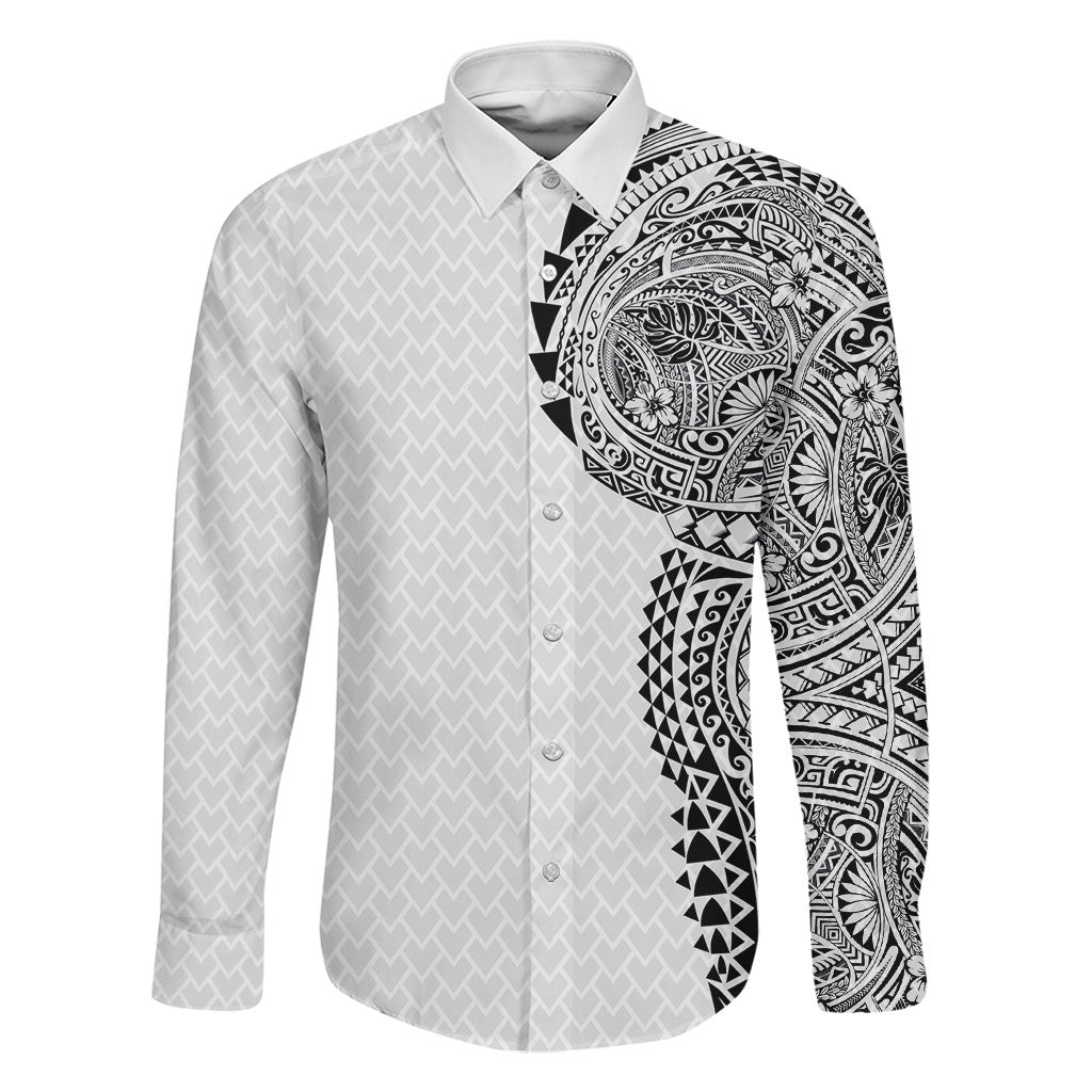 Hawaiian Traditional Tattoos Family Matching Short Sleeve Bodycon Dress and Hawaiian Shirt Kakau Tribal Tropical Plant Motif White Color LT03 Dad's Shirt - Long Sleeve White - Polynesian Pride