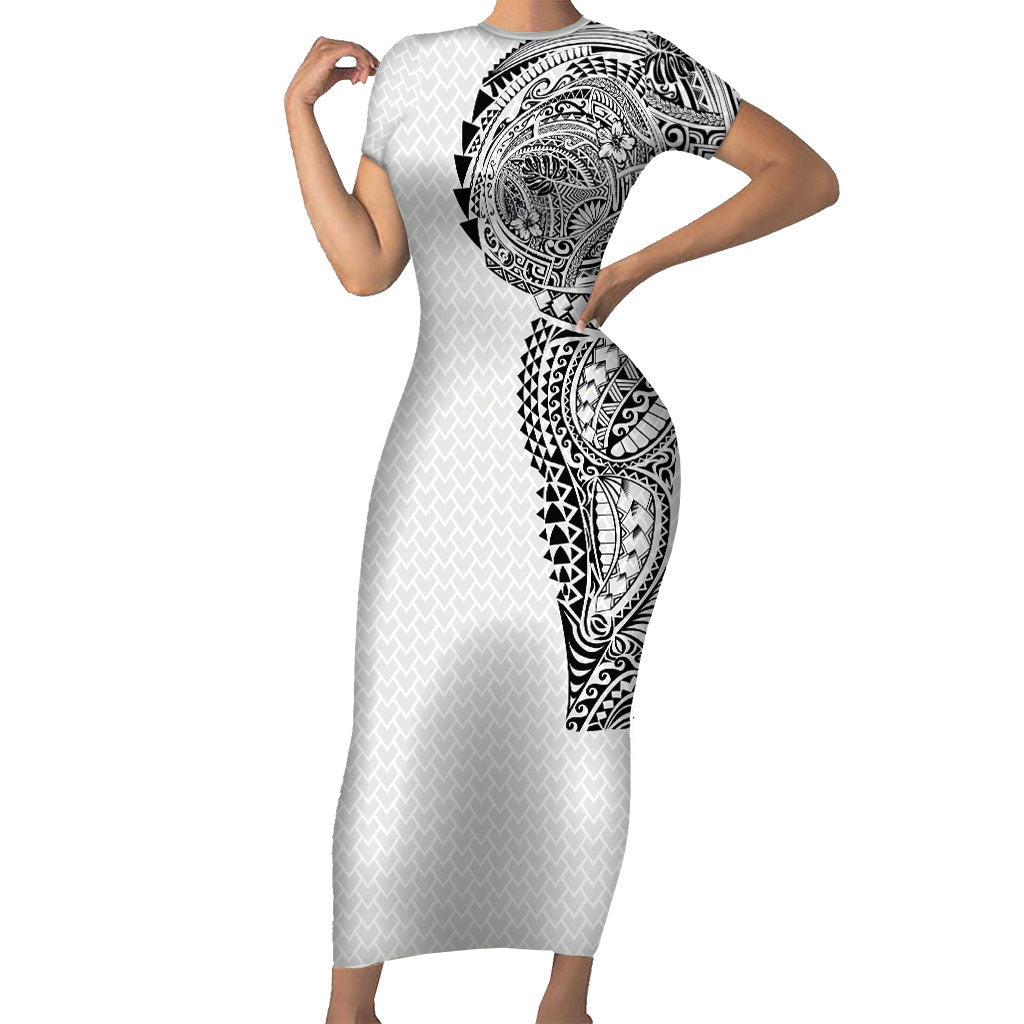Hawaiian Traditional Tattoos Family Matching Short Sleeve Bodycon Dress and Hawaiian Shirt Kakau Tribal Tropical Plant Motif White Color LT03 Mom's Dress White - Polynesian Pride