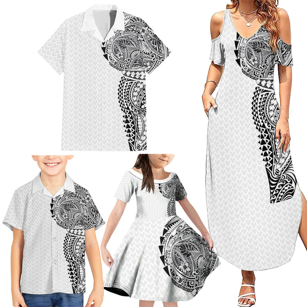 Hawaiian Traditional Tattoos Family Matching Summer Maxi Dress and Hawaiian Shirt Kakau Tribal Tropical Plant Motif White Color