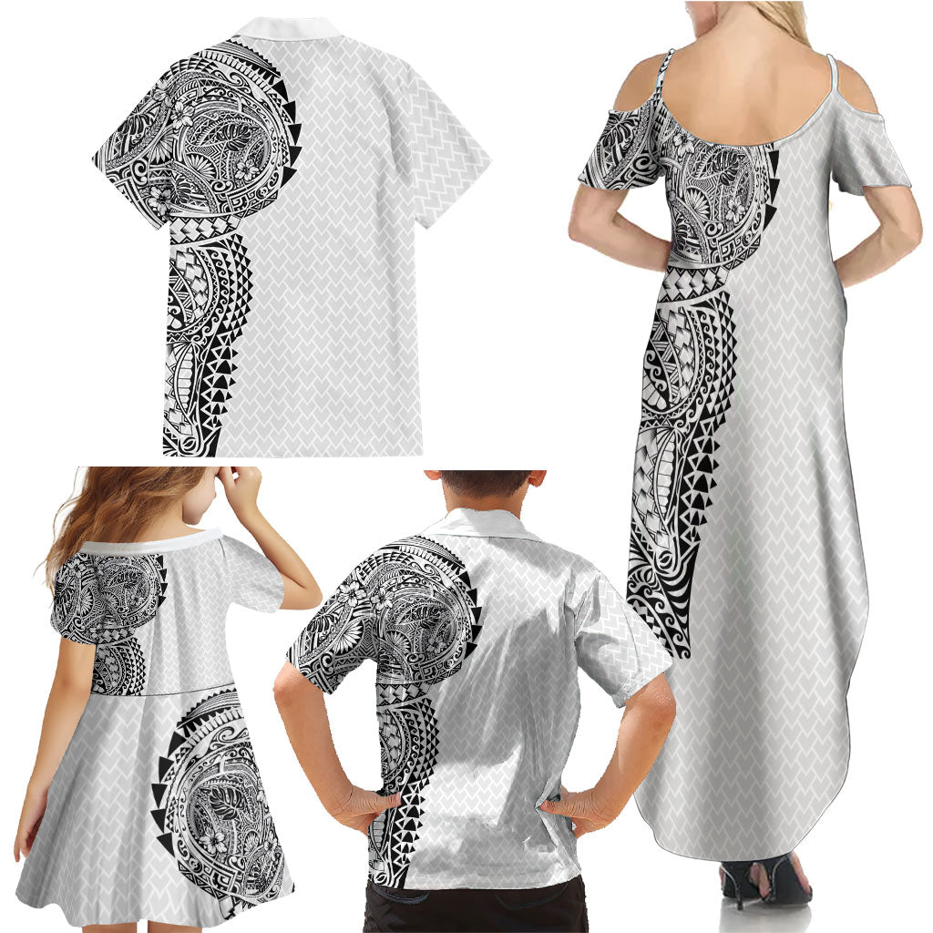 Hawaiian Traditional Tattoos Family Matching Summer Maxi Dress and Hawaiian Shirt Kakau Tribal Tropical Plant Motif White Color