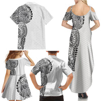 Hawaiian Traditional Tattoos Family Matching Summer Maxi Dress and Hawaiian Shirt Kakau Tribal Tropical Plant Motif White Color