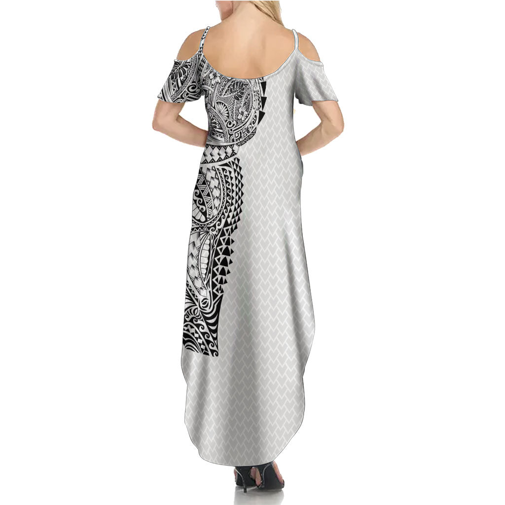 Hawaiian Traditional Tattoos Family Matching Summer Maxi Dress and Hawaiian Shirt Kakau Tribal Tropical Plant Motif White Color