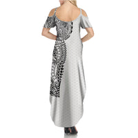 Hawaiian Traditional Tattoos Family Matching Summer Maxi Dress and Hawaiian Shirt Kakau Tribal Tropical Plant Motif White Color