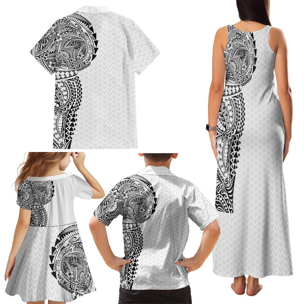 Hawaiian Traditional Tattoos Family Matching Tank Maxi Dress and Hawaiian Shirt Kakau Tribal Tropical Plant Motif White Color