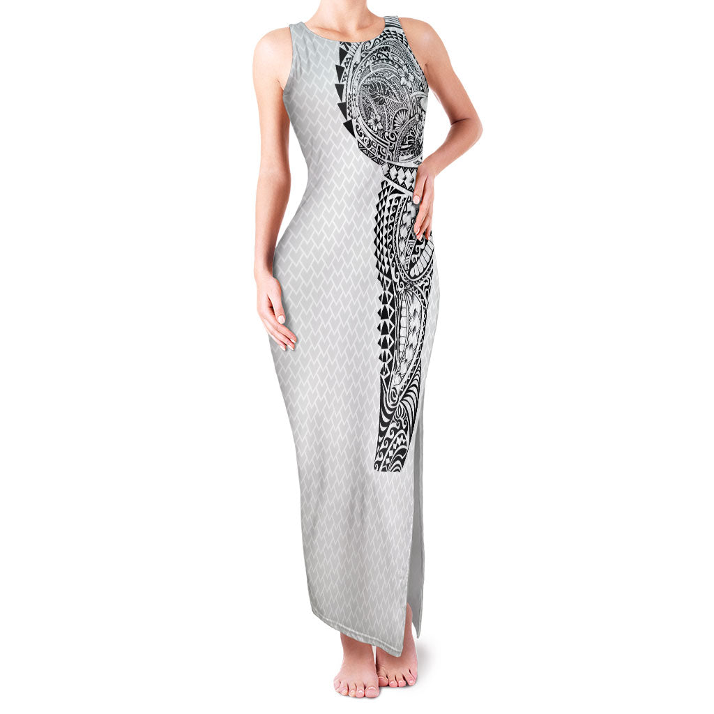 Hawaiian Traditional Tattoos Family Matching Tank Maxi Dress and Hawaiian Shirt Kakau Tribal Tropical Plant Motif White Color