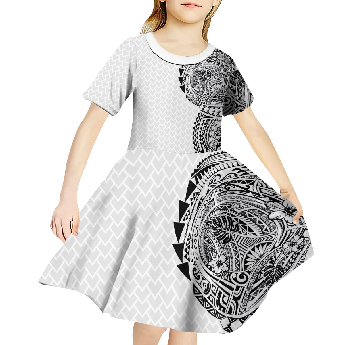 Hawaiian Traditional Tattoos Kid Short Sleeve Dress Kakau Tribal Tropical Plant Motif White Color