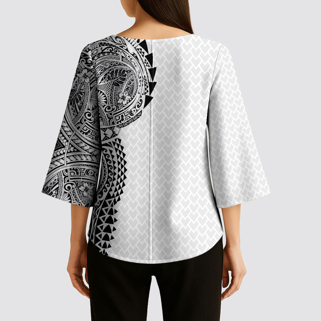 Hawaiian Traditional Tattoos Kimono Sleeve Blouse Kakau Tribal Tropical Plant Motif White Color