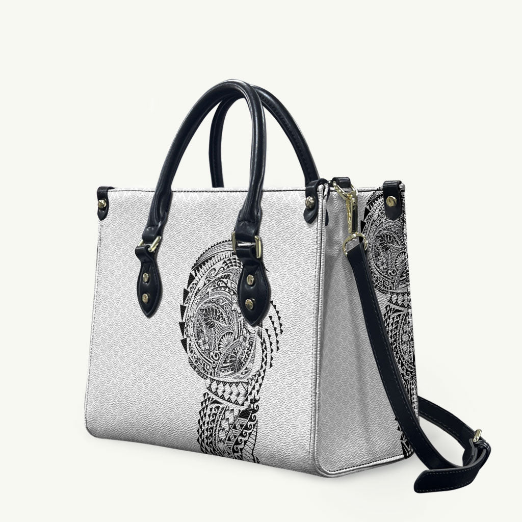 Hawaiian Traditional Tattoos Leather Bag Kakau Tribal Tropical Plant Motif White Color