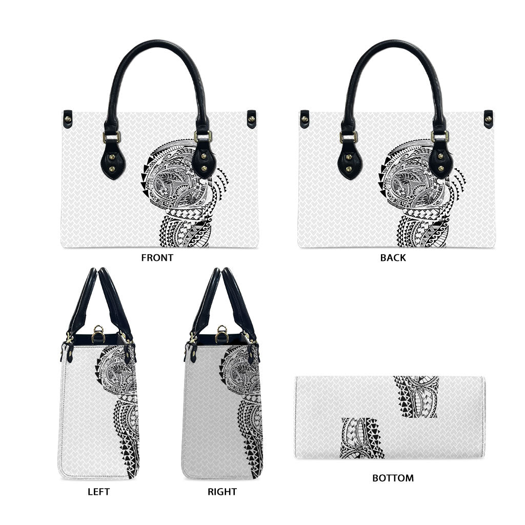 Hawaiian Traditional Tattoos Leather Bag Kakau Tribal Tropical Plant Motif White Color